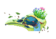 A pixel art of bird skull with water flowing down it's eye socket, plants and flowers grow from the top of the skull, and grass floats by.