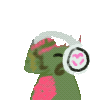 LilLegendary's green snapper dragon named Diema bobbing her head, wearing white headphones with black trim and a pink heart symbol on the ear cup.