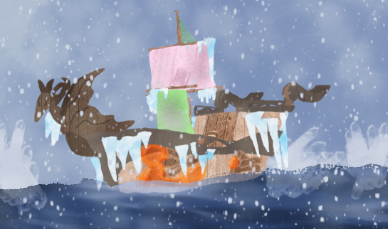 A digital painting of a pirate ship. It has a dragon shaped figurehead and torn-up sails made of different cloths. Holes line the hull but are obscured with wood planks, icicles, and bright orange globs of amber. The ship is sailing through a snowstorm, in between glaciers.